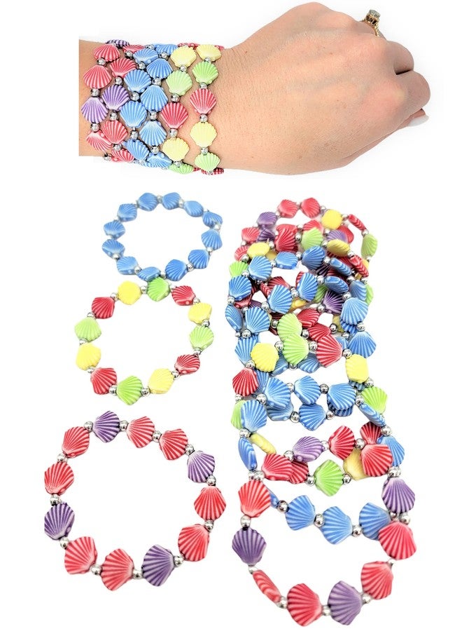 AMERICAN WIT Colorful Faux Sea Shell Bead Stretchy Kid's Bracelets (12 Pack) Mermaid Theme - Image 2